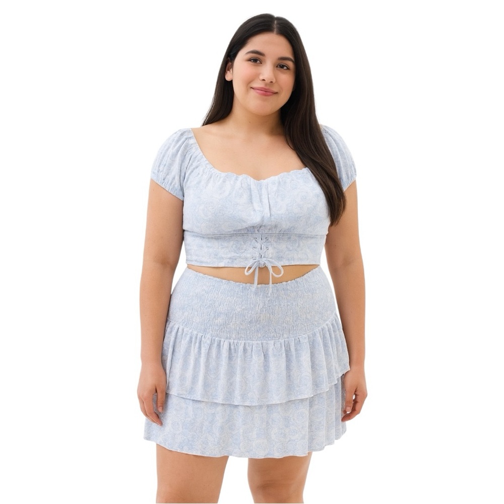 Aeropostale Blue Skater Mini Skirt outfit set Smocked Tie Front 2X sexy AERO NWT